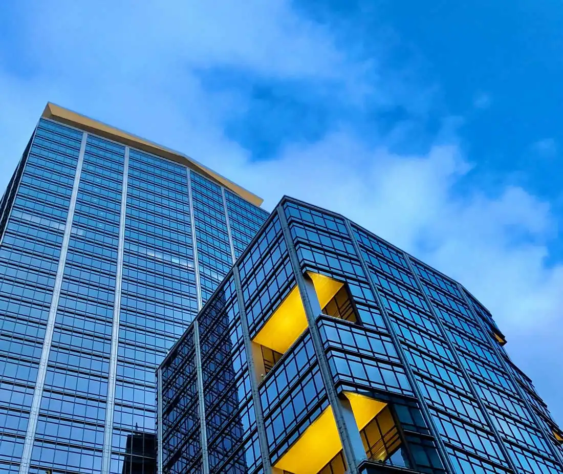 Commercial building exterior lighting at dusk