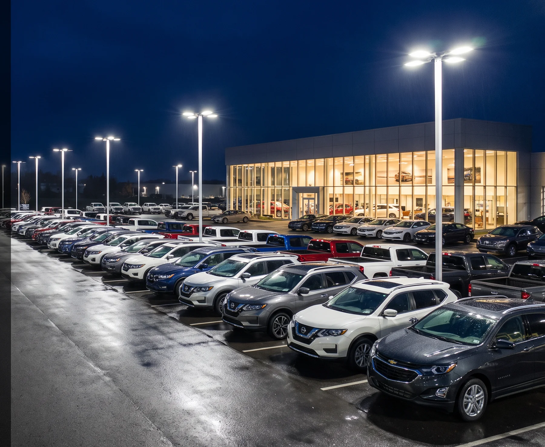 Automotive dealership inventory lot lit by LED pole lights at night