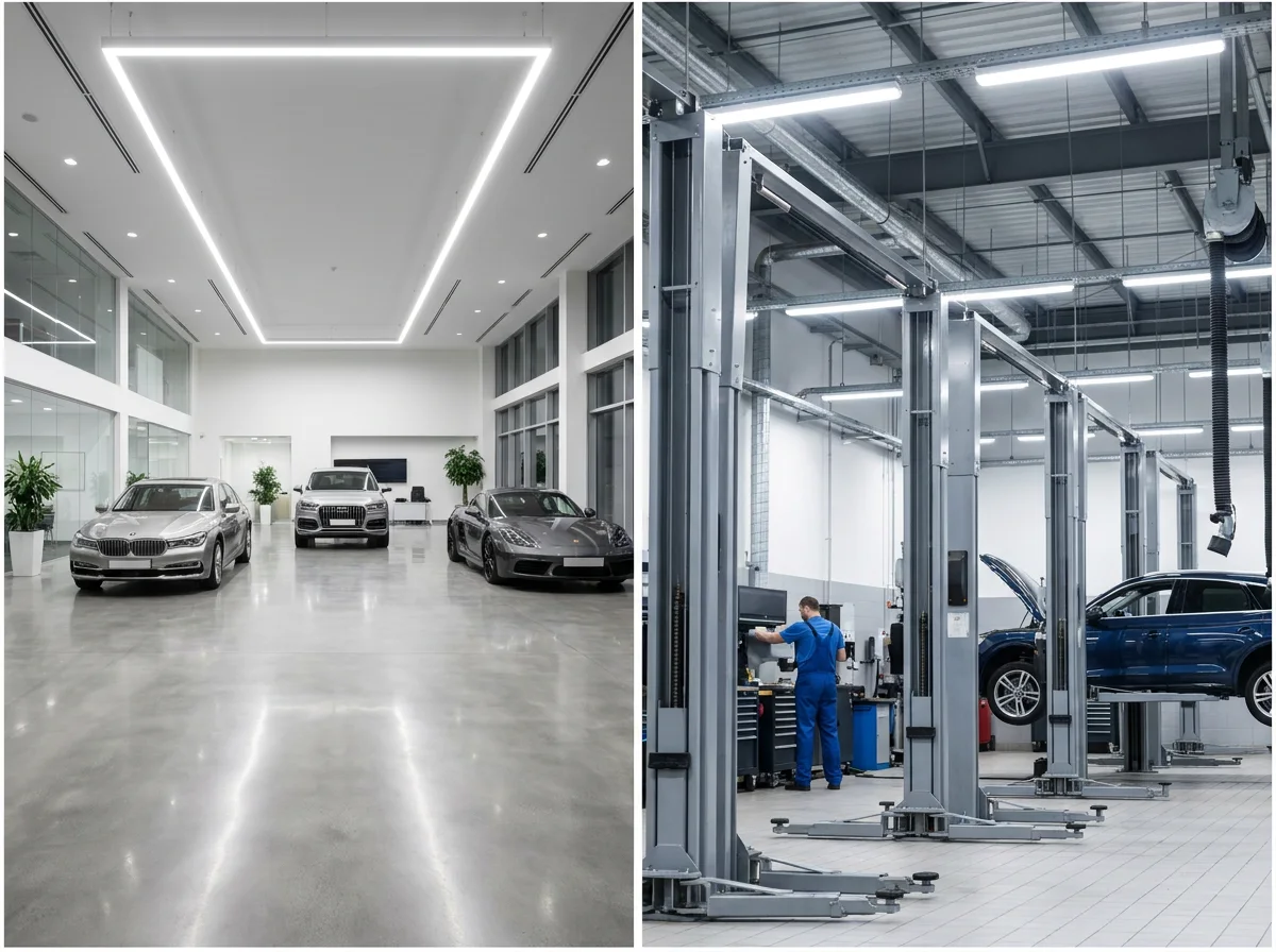 Dealership service department with LED high-bay lighting