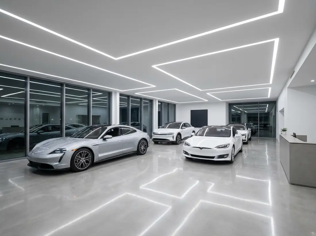 Dealership showroom interior with LED lighting