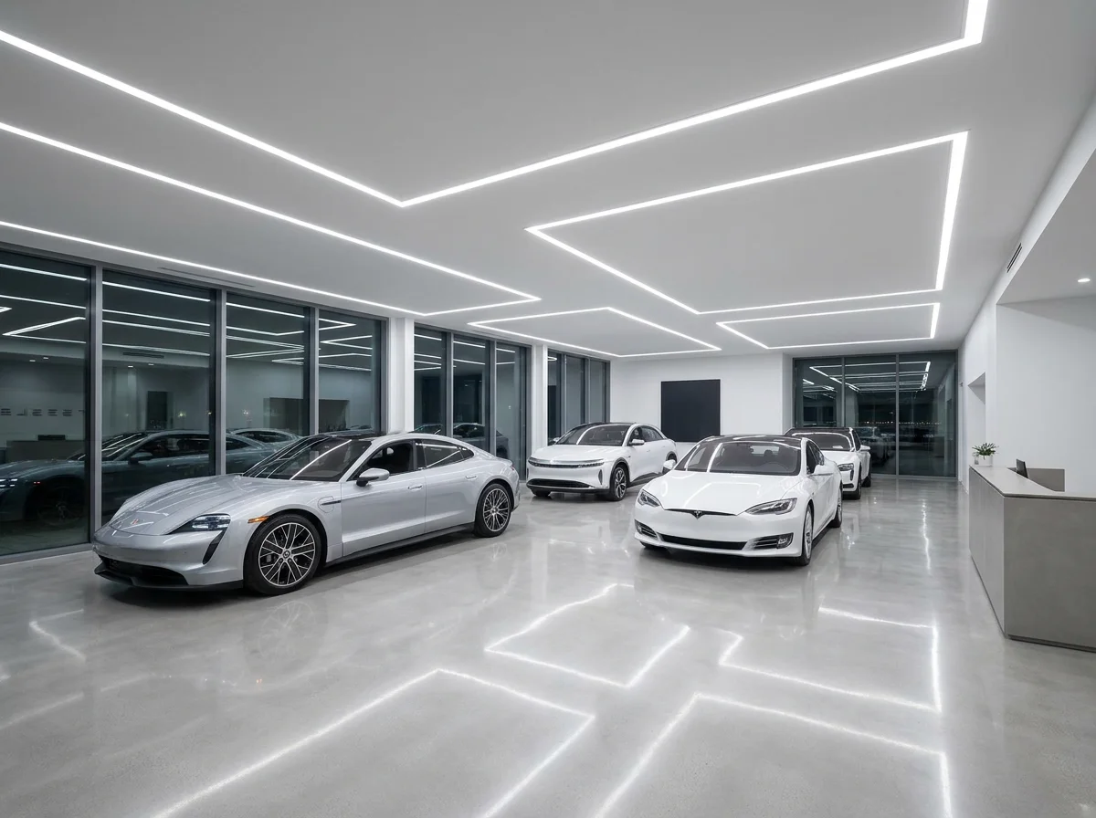 Dealership showroom interior with LED lighting