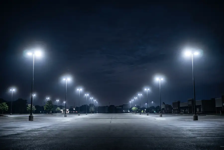 Parking lot pole lights at night
