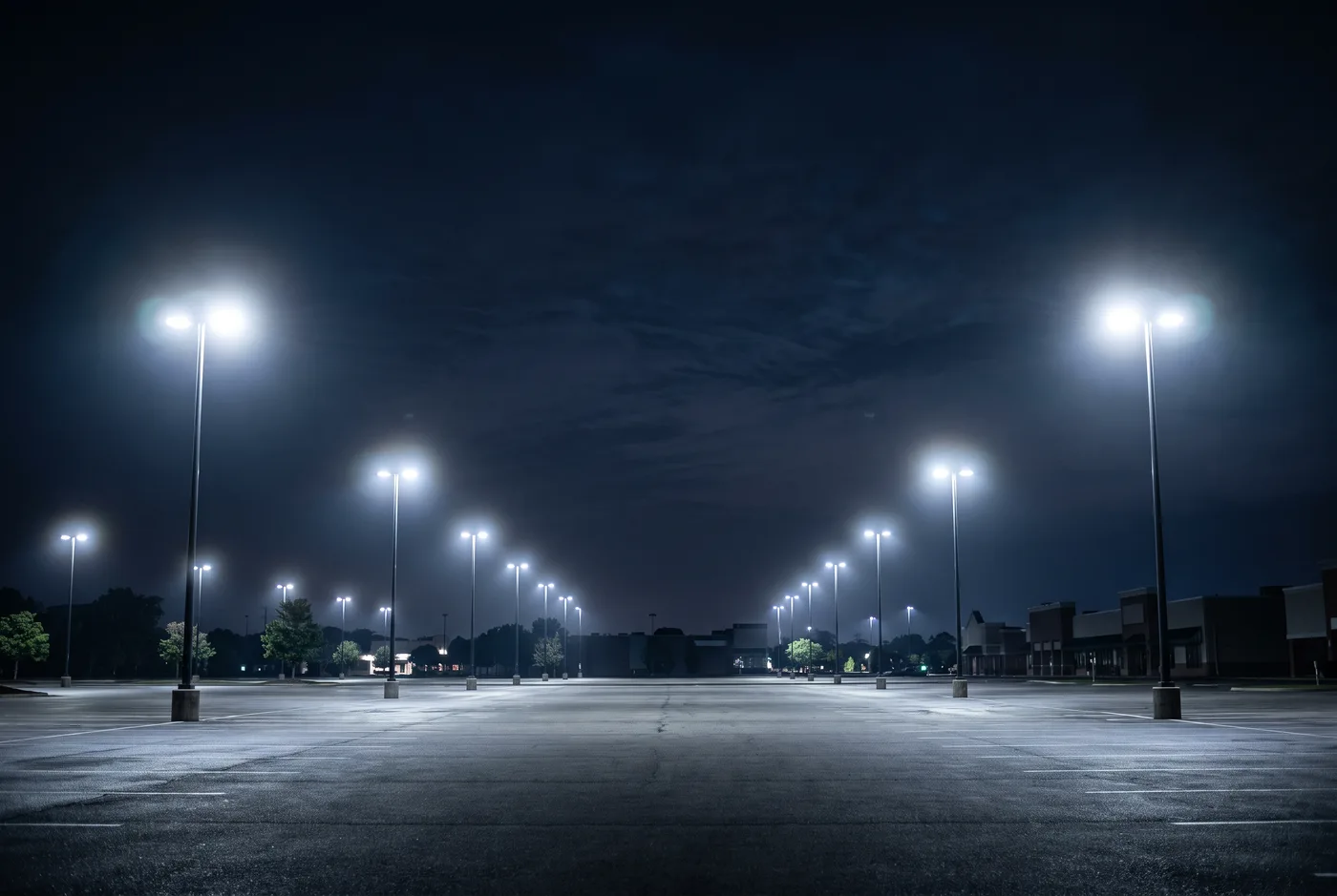 Parking lot pole lights at night