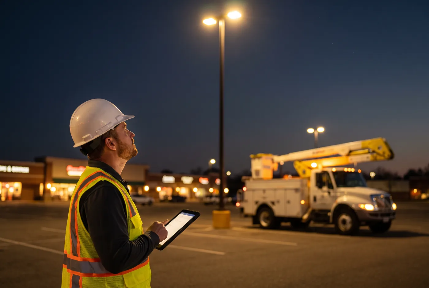 Electrician with a tablet inspecting a parking lot light pole at dusk
