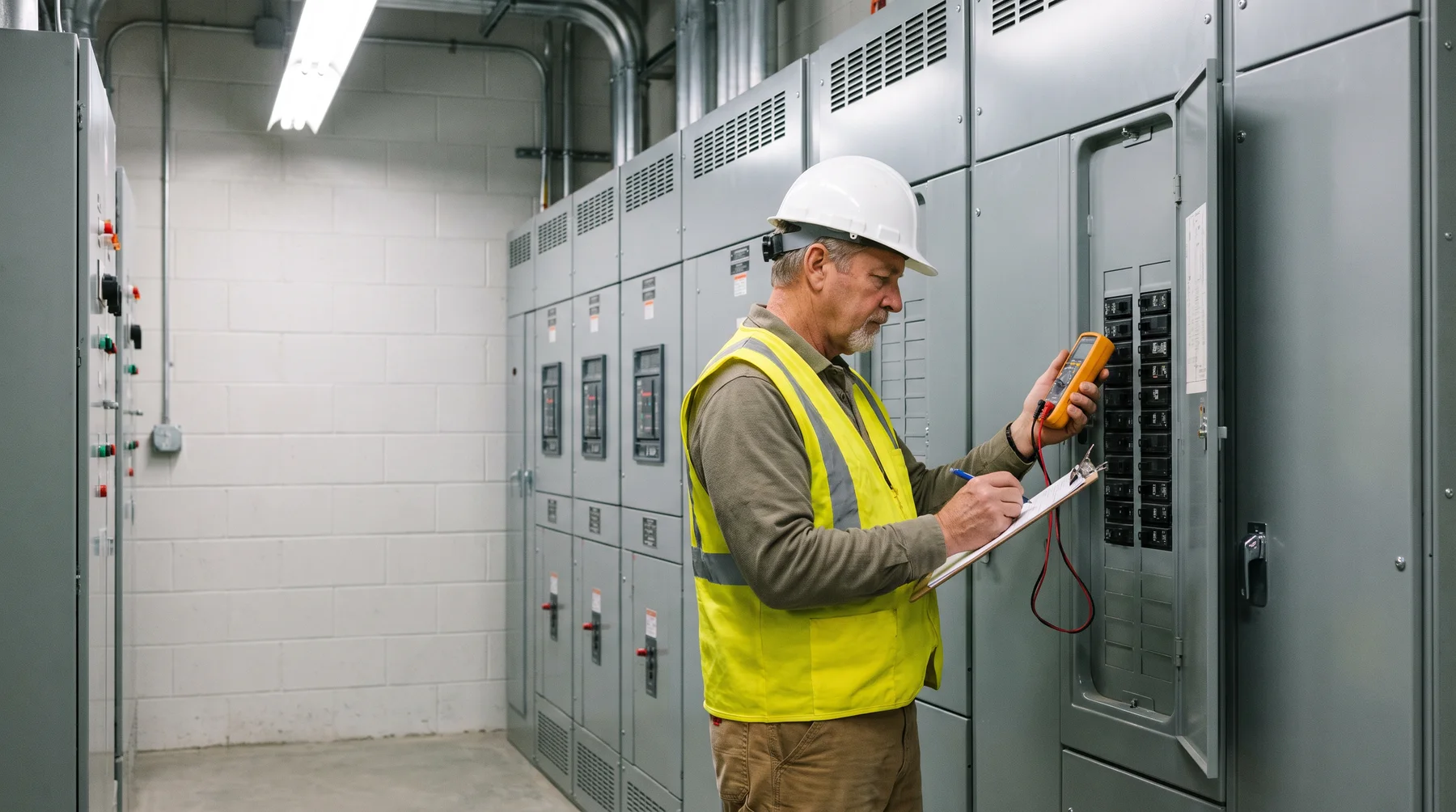 Electrician checking breakers in a commercial electrical room