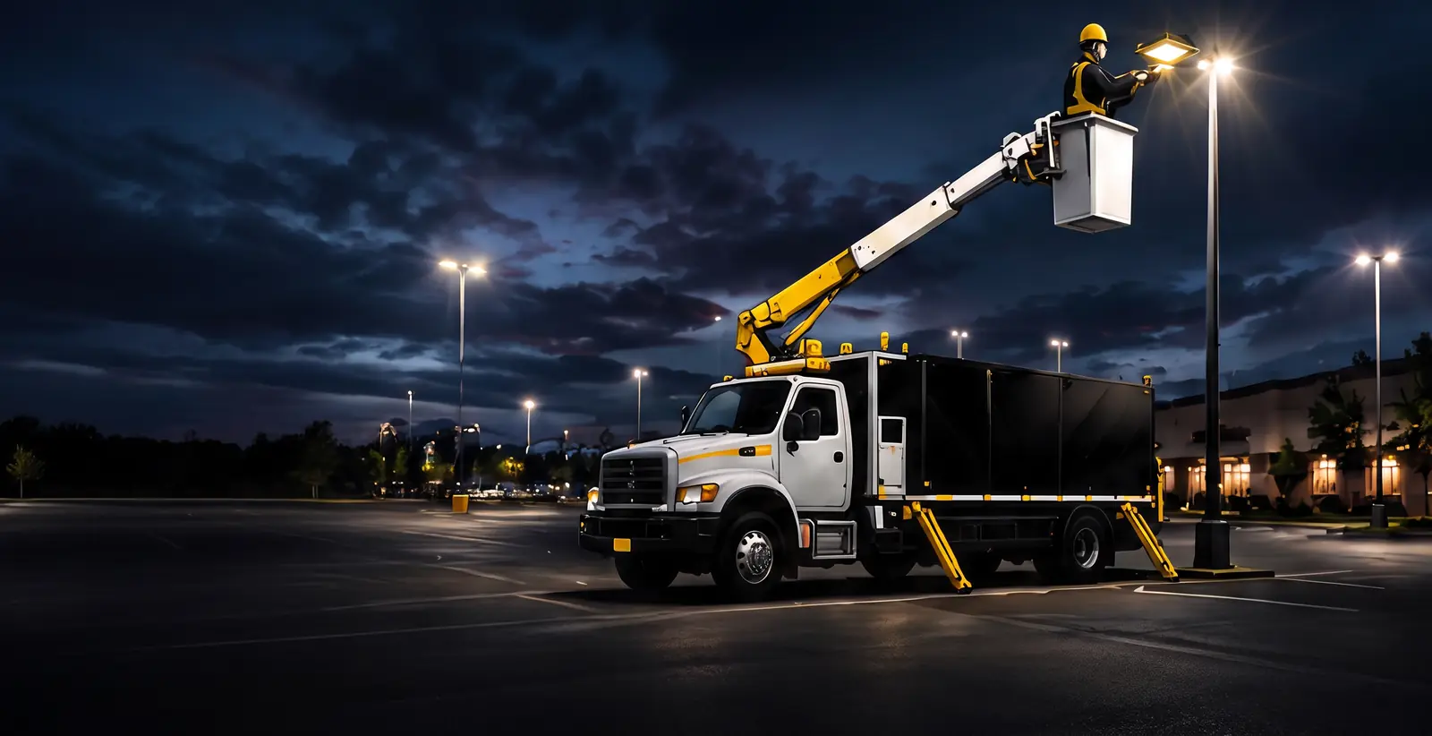 Lighting Management bucket truck with an electrician servicing a parking lot light pole at dusk