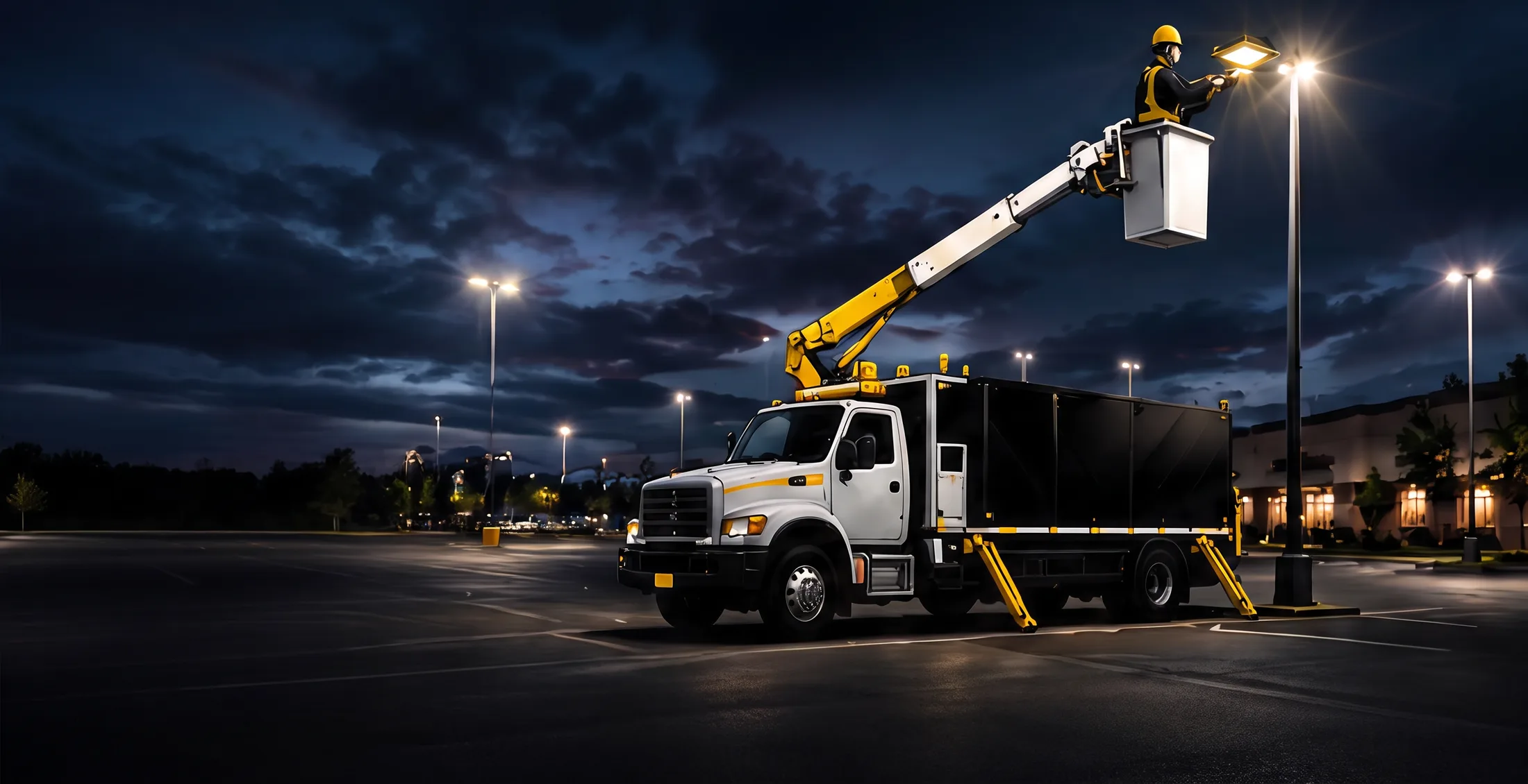 Lighting Management bucket truck with an electrician servicing a parking lot light pole at dusk