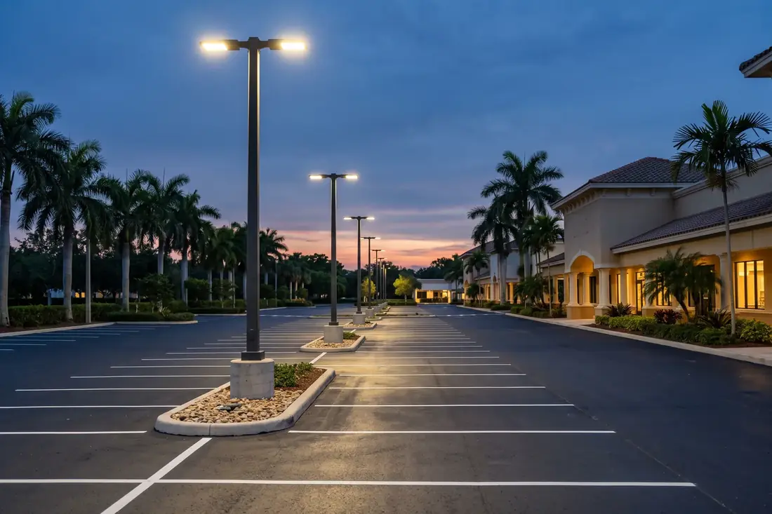 Newly installed light poles across a parking lot at dusk