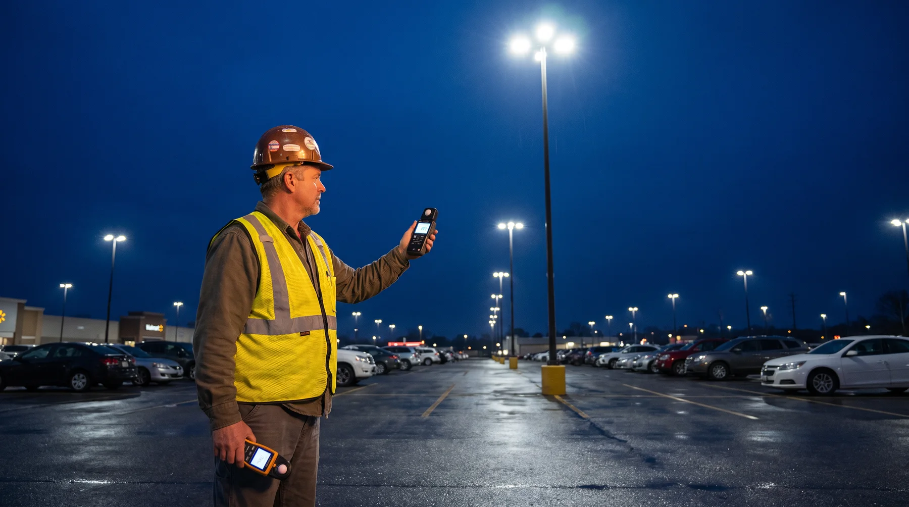 Electrician measuring parking lot light levels with a handheld light meter at night