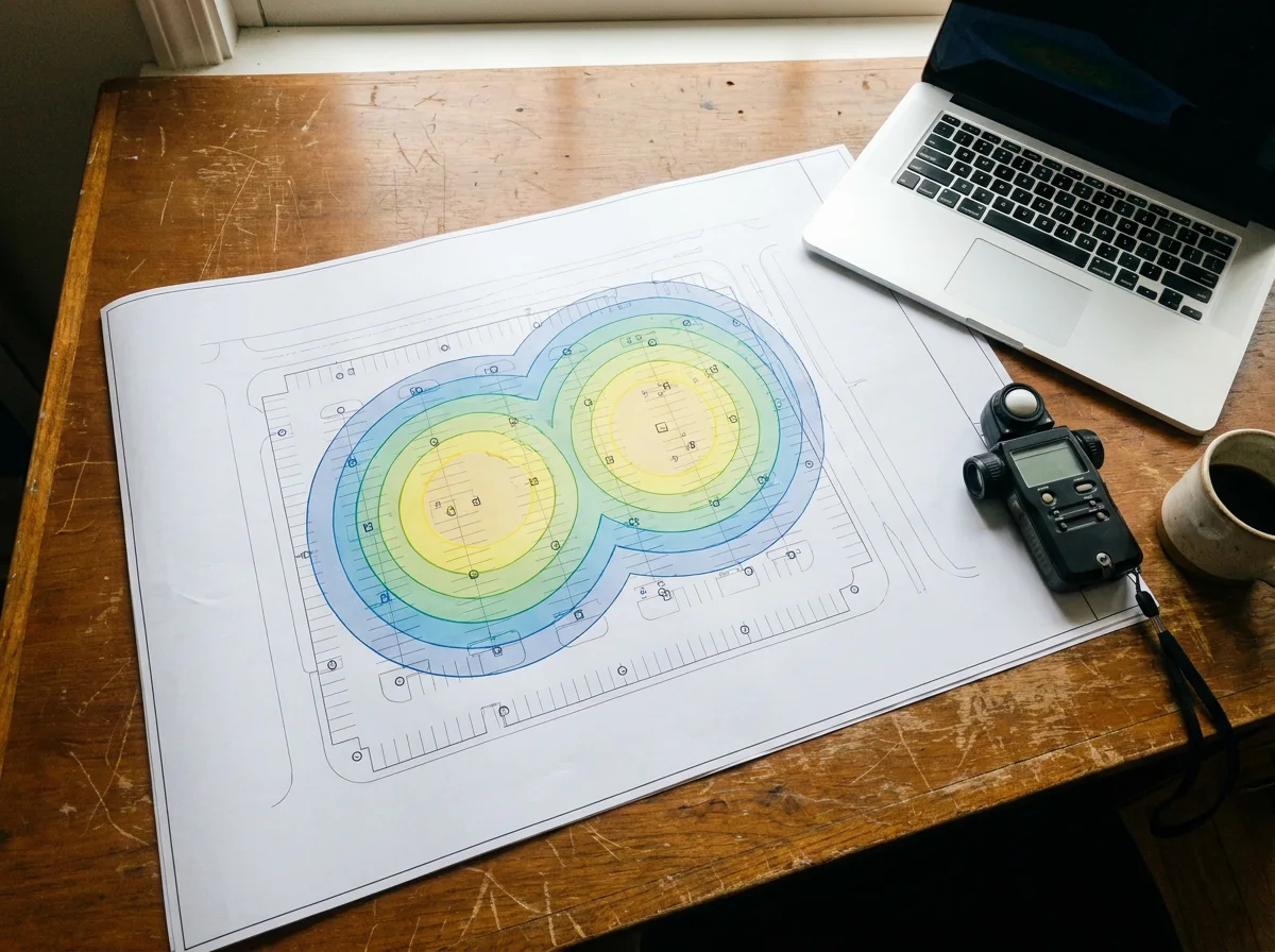 Photometric lighting plan of a parking lot with illuminance contours