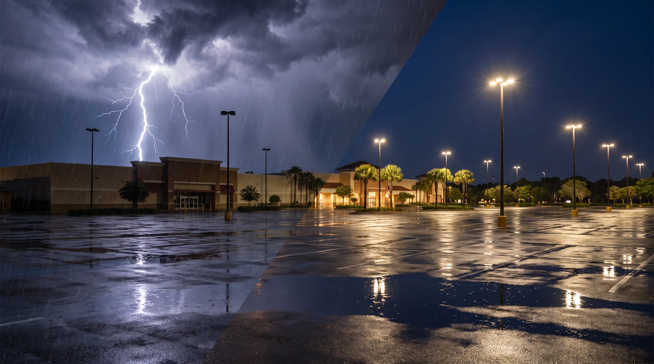 Commercial parking lot during a lightning storm with the lights out, and the same lot fully lit after repairs