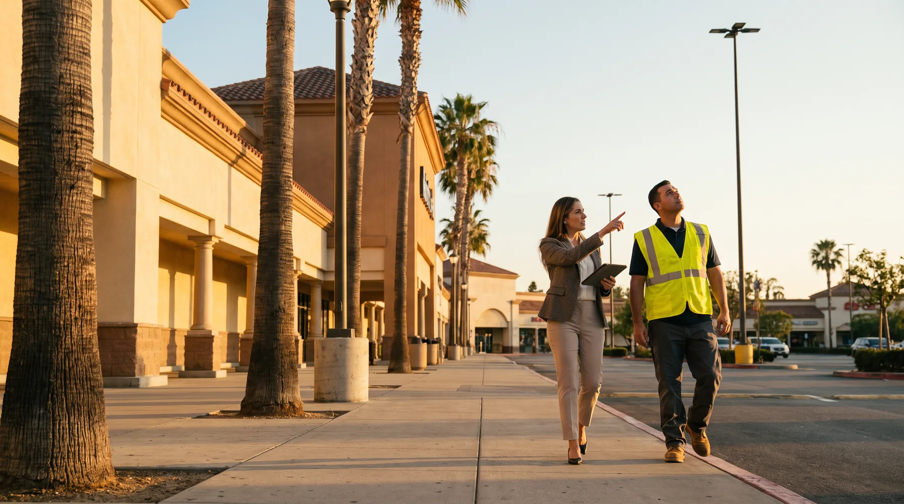 Property manager and electrician reviewing a shopping center light pole