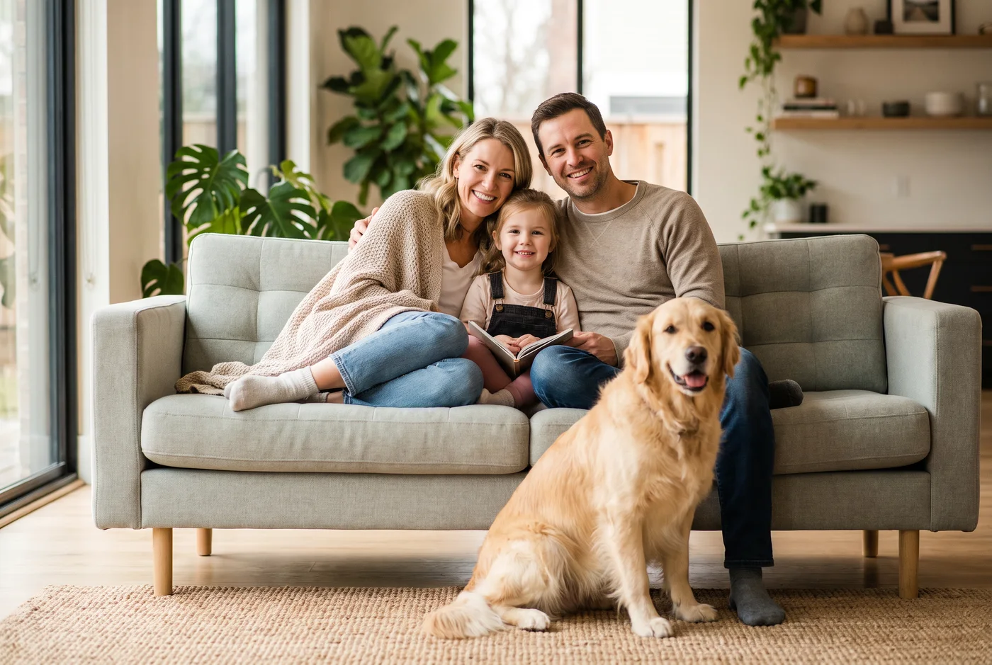 Family with their dog relaxing at home