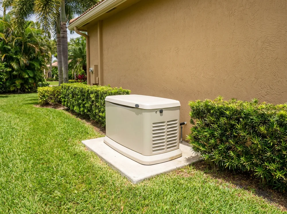 Whole-house standby generator beside a home