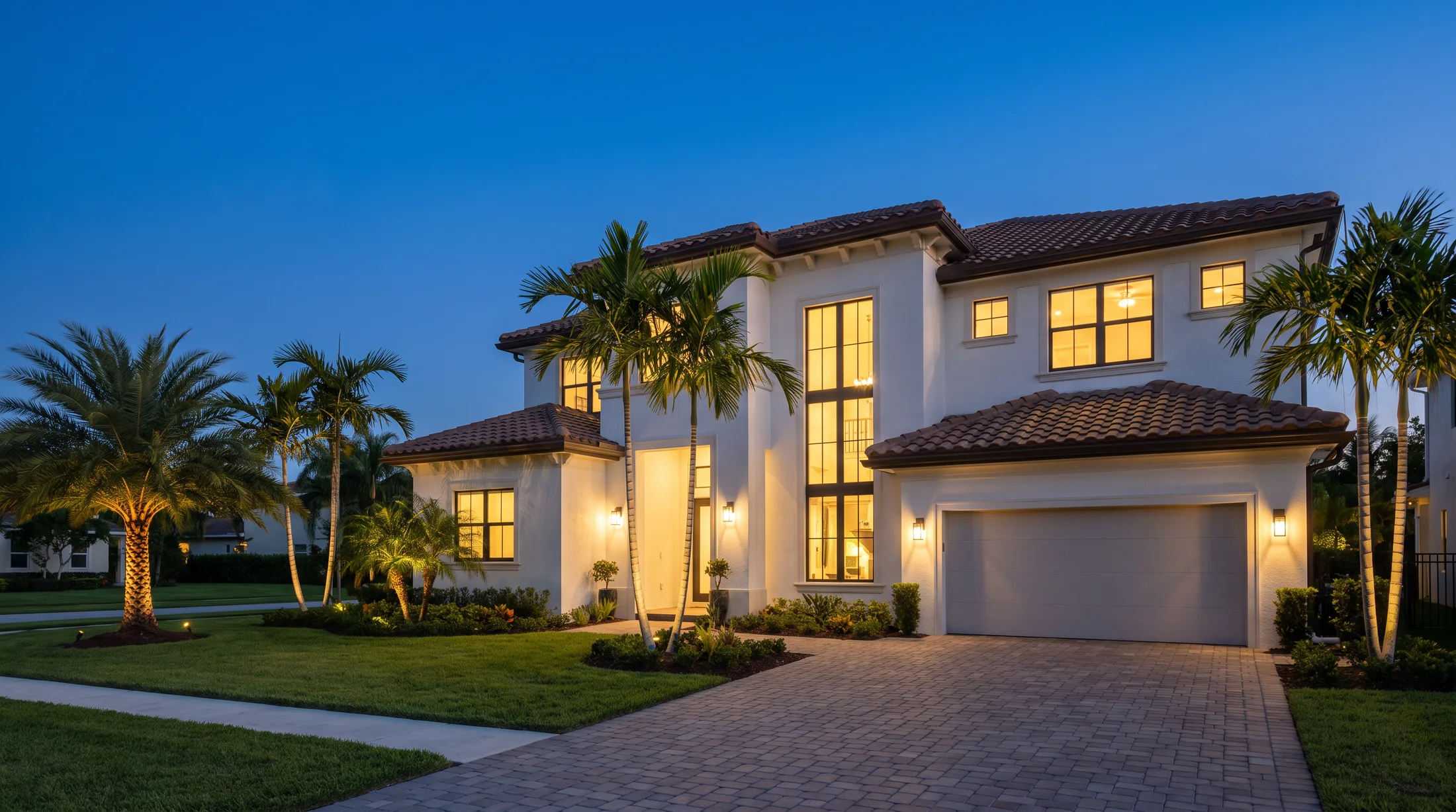 Premium South Florida home at dusk with landscape lighting