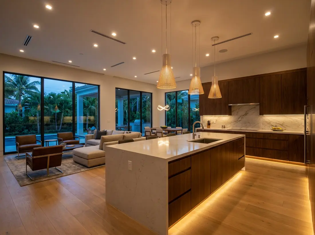 Modern kitchen with recessed, pendant and under-cabinet lighting