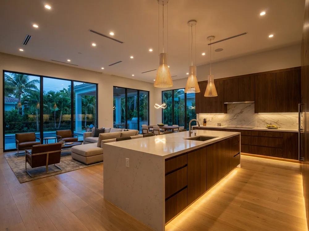 Modern kitchen with recessed, pendant and under-cabinet lighting