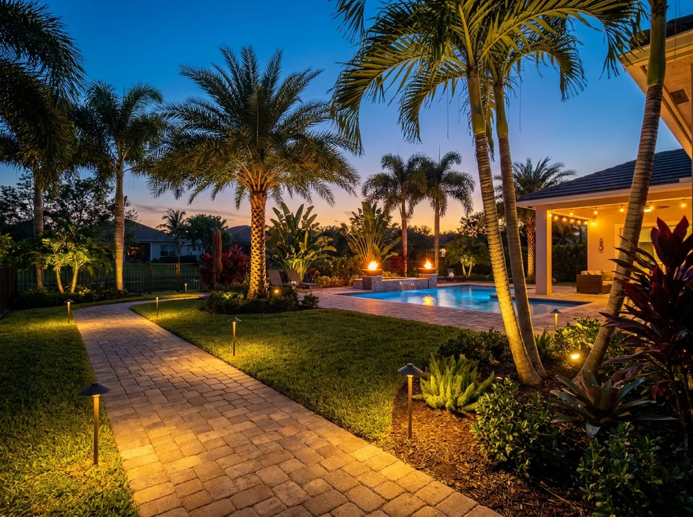 Backyard landscape lighting at dusk