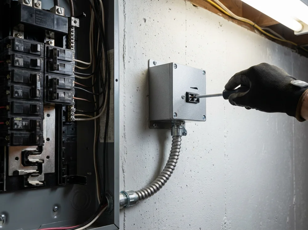 Whole-home surge protection device beside an electrical panel