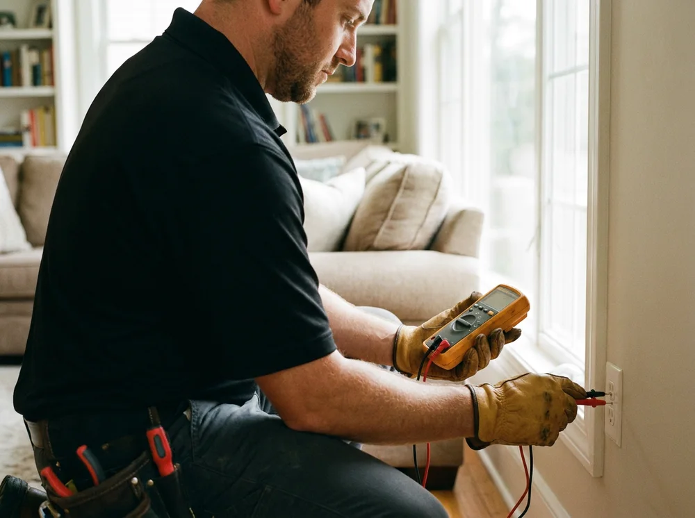 Electrician testing a home outlet with a multimeter