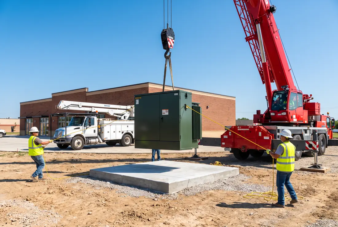 Crane setting a new pad-mounted transformer onto its concrete pad