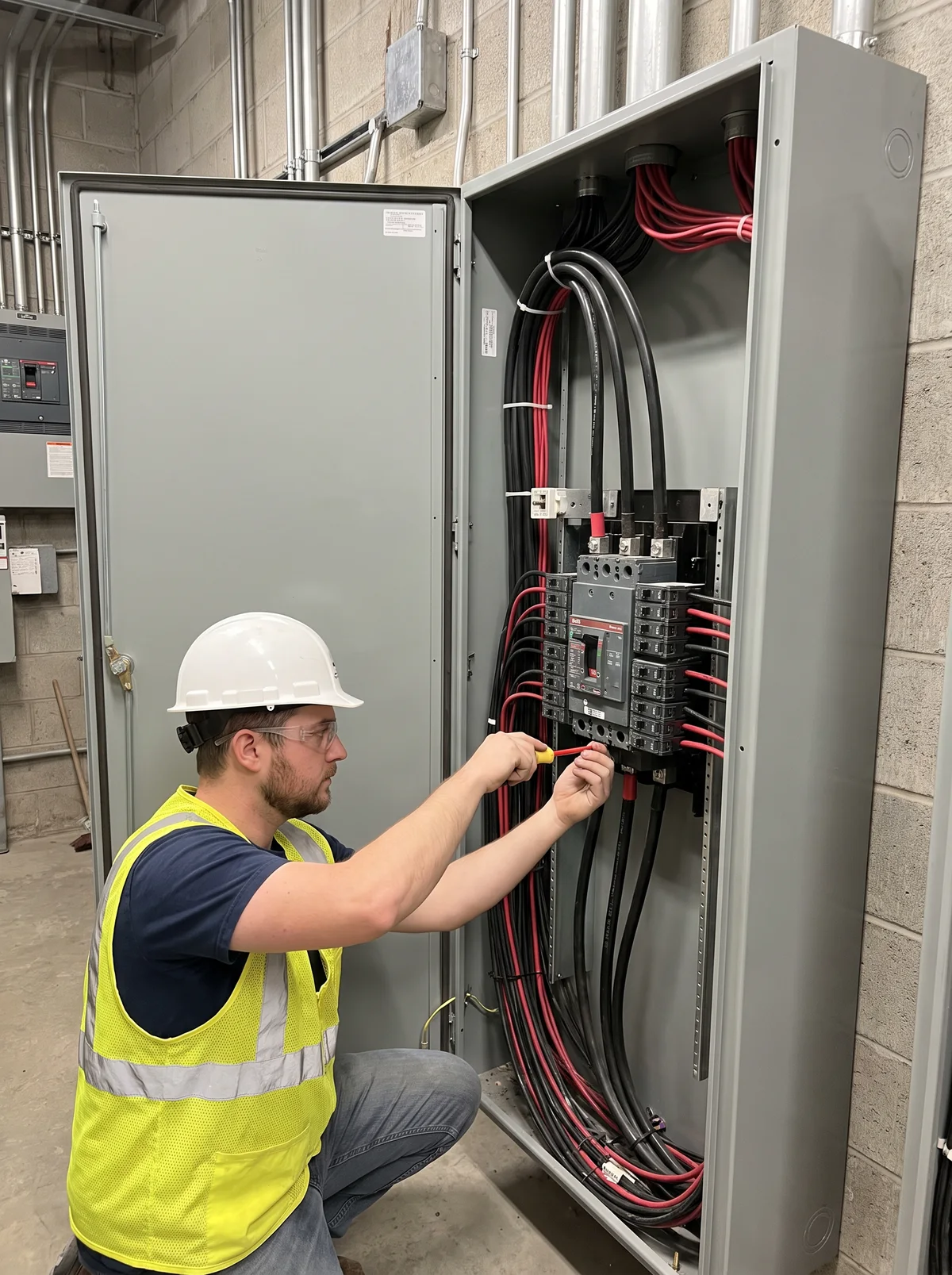 Electrician working in an open electrical panel