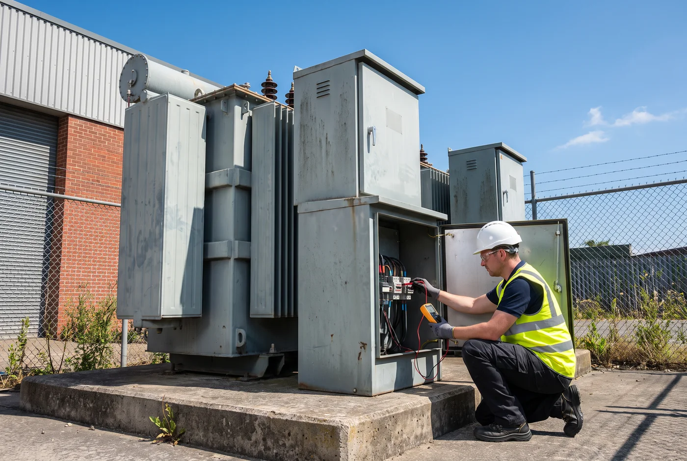 Electrician testing connections at outdoor switchgear