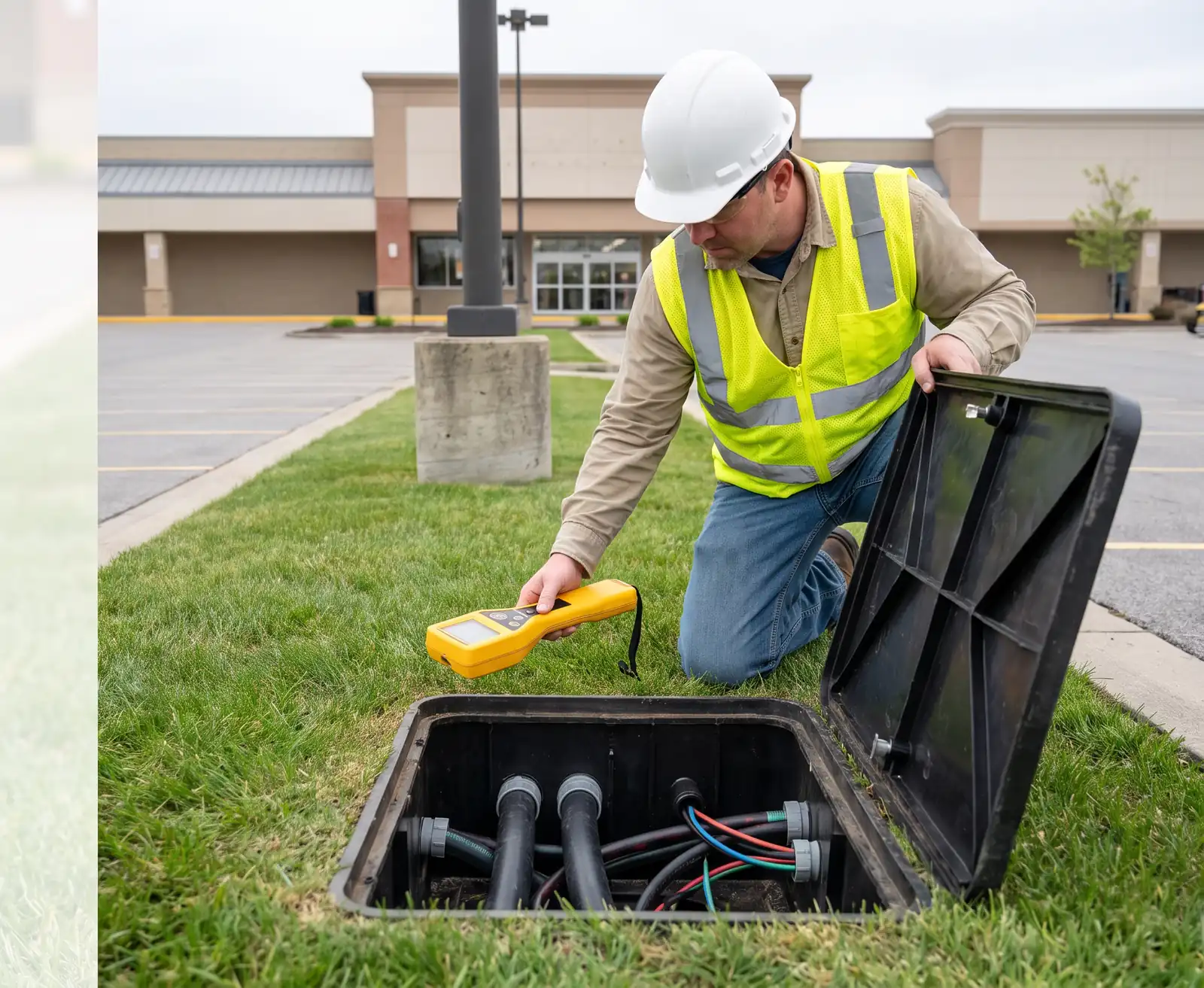 Electrician tracing an underground electrical fault at a parking lot junction box