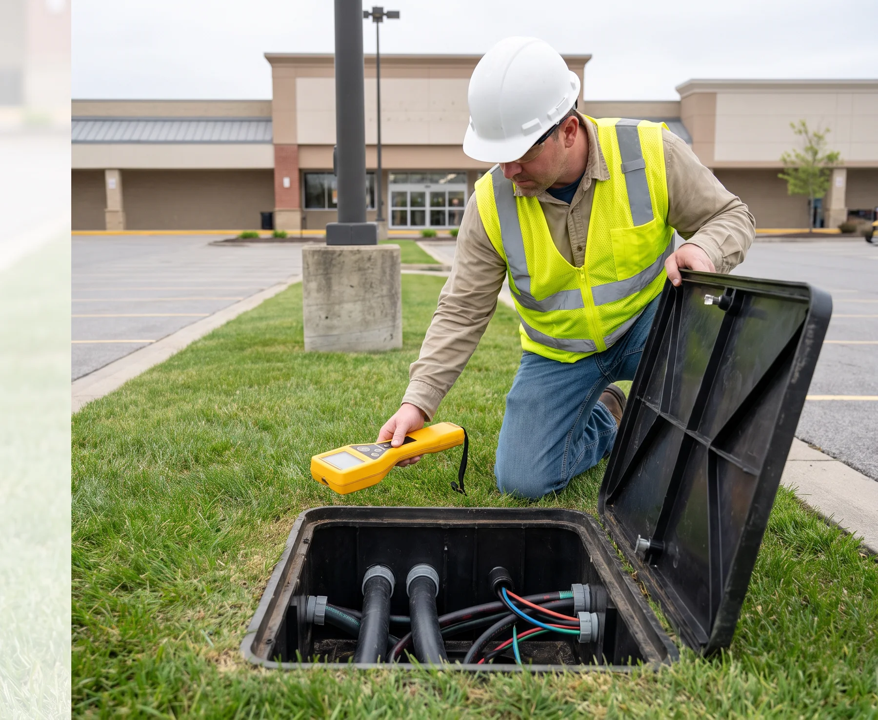Electrician tracing an underground electrical fault at a parking lot junction box
